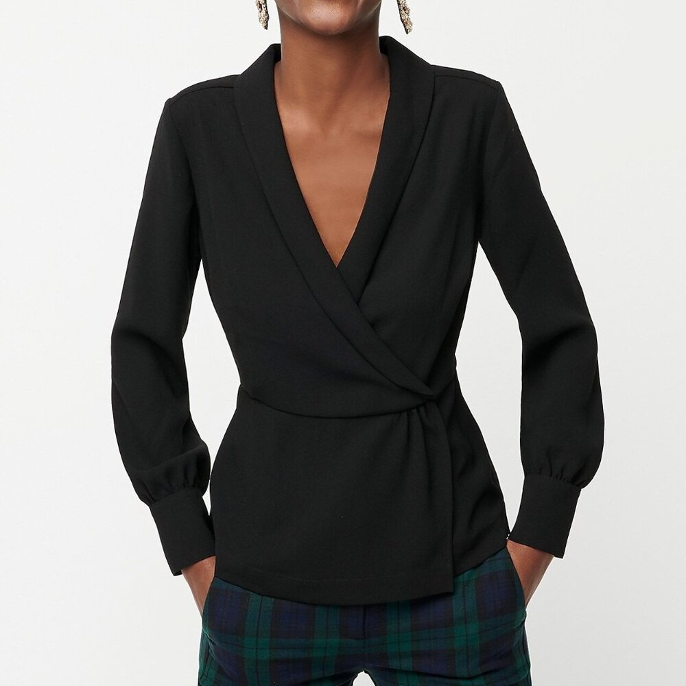 NEW J Crew Womens Drapey faux-wrap top in 365 crepe 4 NWT Black Blouse